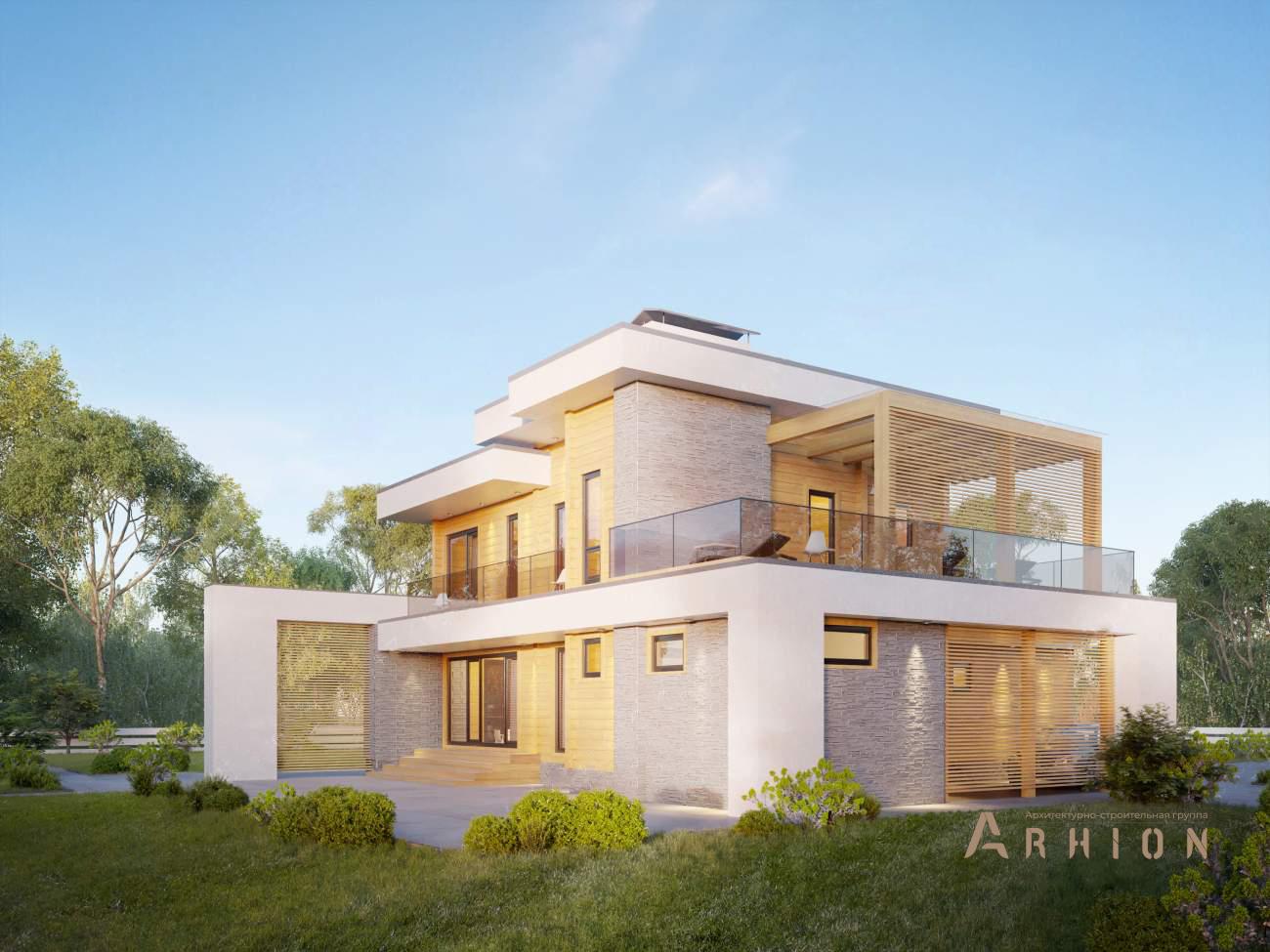 2. Проект двухэтажного дома в стиле хай-тек с плоской кровлей , rh-339, площадью - 290 кв c сауной, терассой, балконом, гаражом